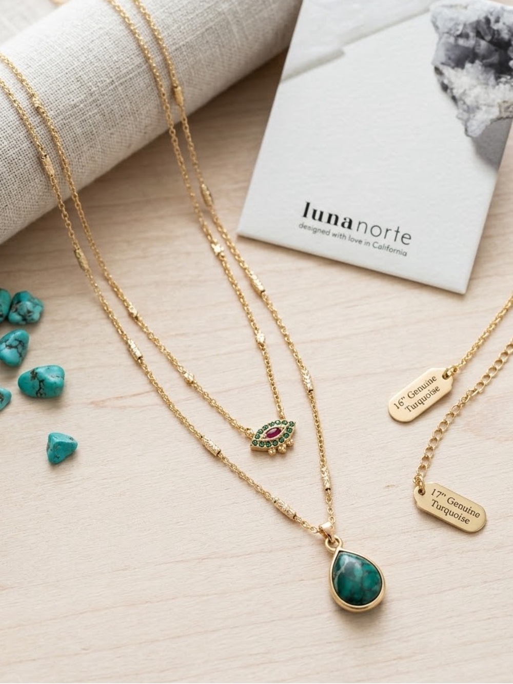 Luna Norte Gold Two Necklaces with Turquoise Teardrop Pendant